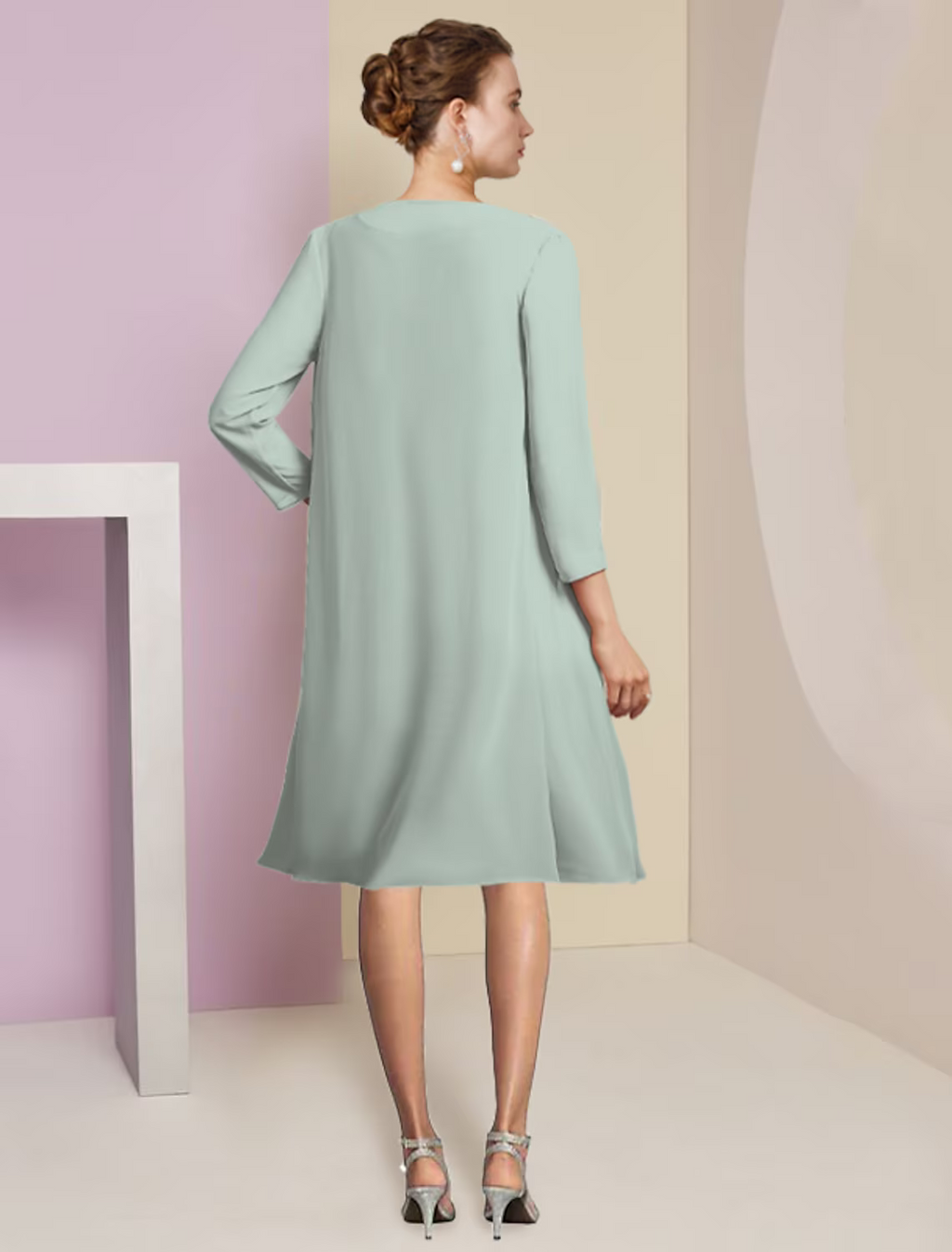 Two Piece A-Line Mother of the Bride Dress Formal Wedding Guest Elegant Scoop Neck Knee Length Length Sleeve with Tier
