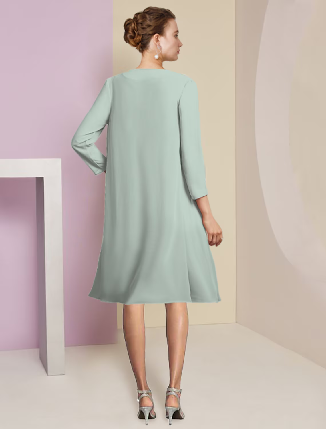 Two Piece A-Line Mother of the Bride Dress Formal Wedding Guest Elegant Scoop Neck Knee Length Length Sleeve with Tier