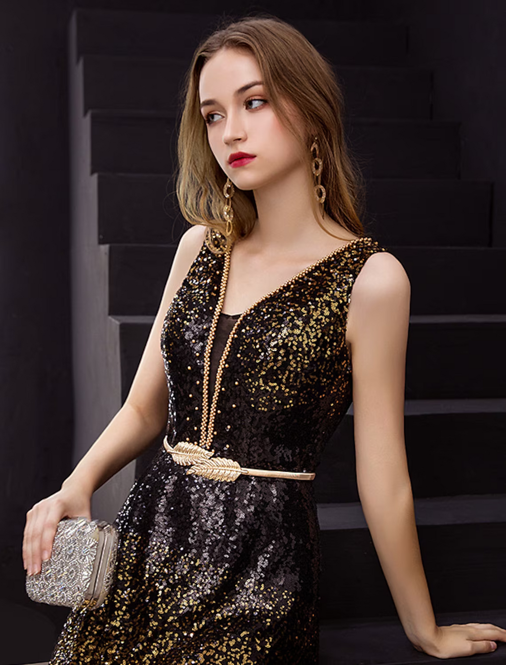 Minimalist Elegant Party Wear Formal Evening Dress V Neck Sleeveless Floor Length