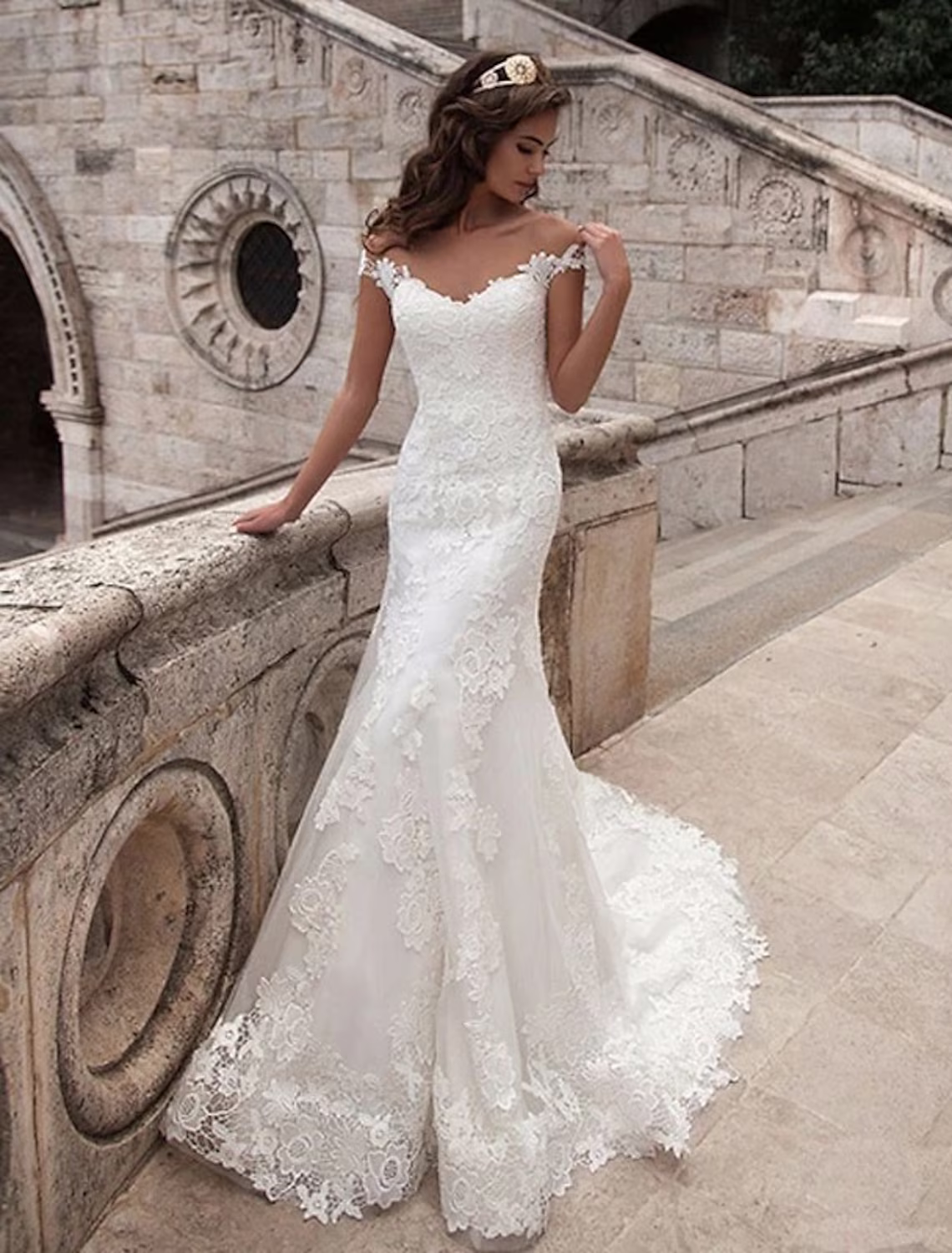 Engagement Open Back Formal Wedding Dresses Court Train Short Sleeve Off Shoulder With Appliques