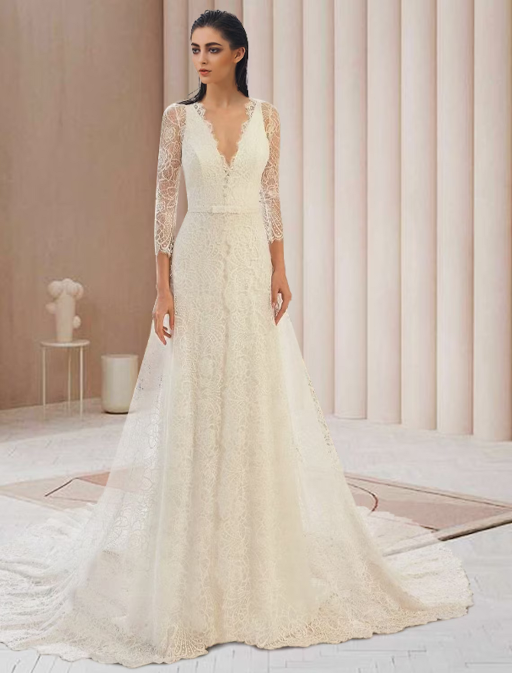 Engagement Open Back Formal Wedding Dresses Court Train Two Piece Long Sleeve V Neck With Bow(s)