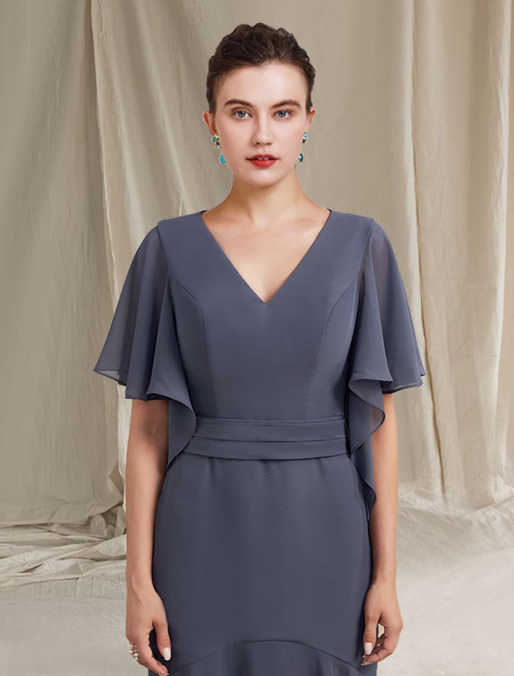Mother of the Bride Dress Simple Plus Size Elegant V Neck Floor Length Short Sleeve with Pleats Ruched