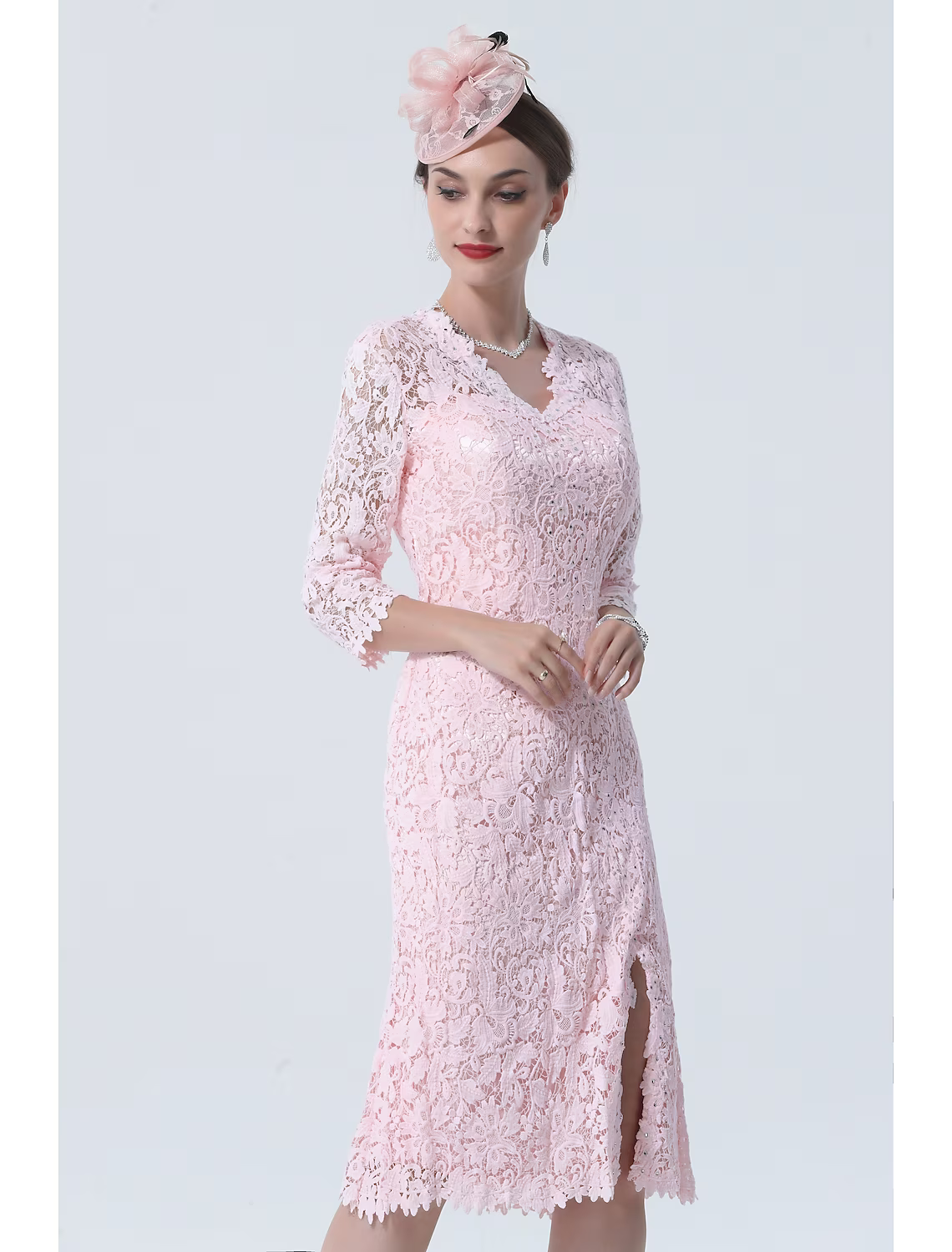 Mother of the Bride Dress Plus Size V Neck Knee Length Sleeve with Split Front