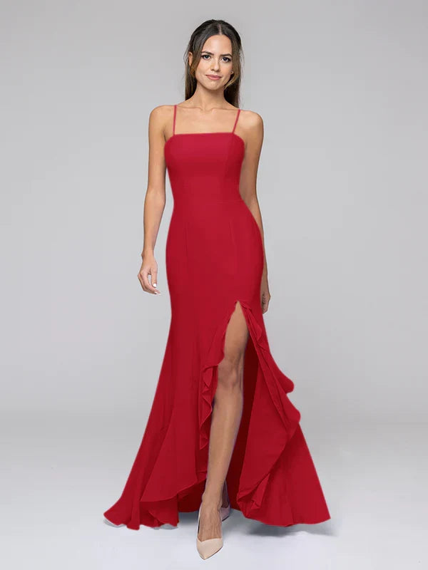 Spaghetti Strap Mermaid Bridesmaid Dresses With Ruffles Split