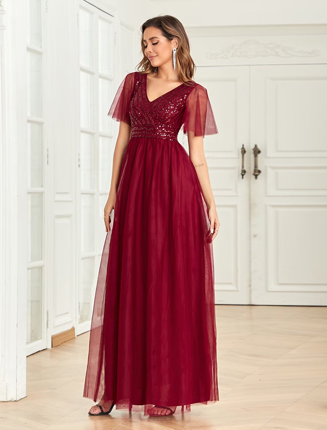 Party Dresses Empire Dress Party Wear Floor Length Short Sleeve V Neck V Back with Glitter