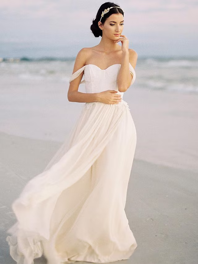 Beach Wedding Dresses A-Line Sleeveless Off Shoulder With Pleats