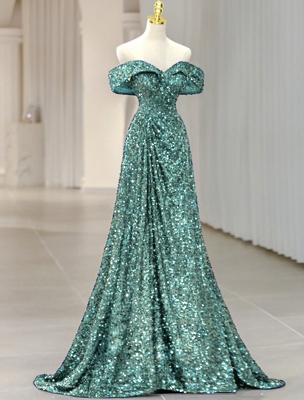 Evening Gown Sparkle Shine Dress Formal Sleeveless Off Shoulder with Glitter