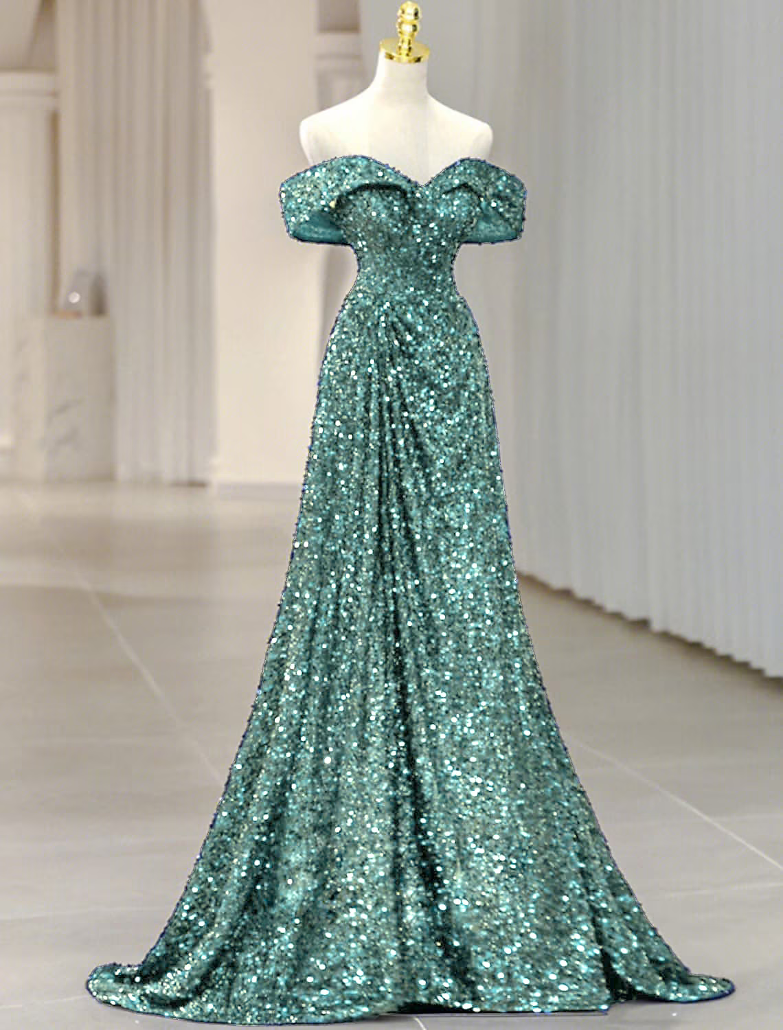 Evening Gown Sparkle Shine Dress Formal Sleeveless Off Shoulder with Glitter