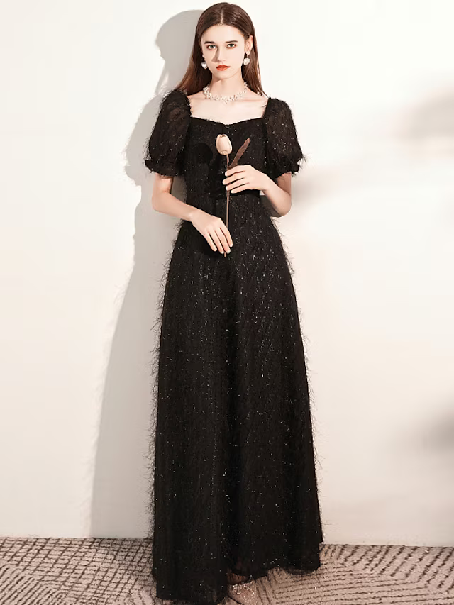 Evening Gown Dress Wedding Guest Floor Length Short Sleeve Scoop Neck with Buttons