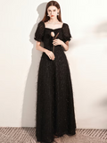 Evening Gown Dress Wedding Guest Floor Length Short Sleeve Scoop Neck with Buttons