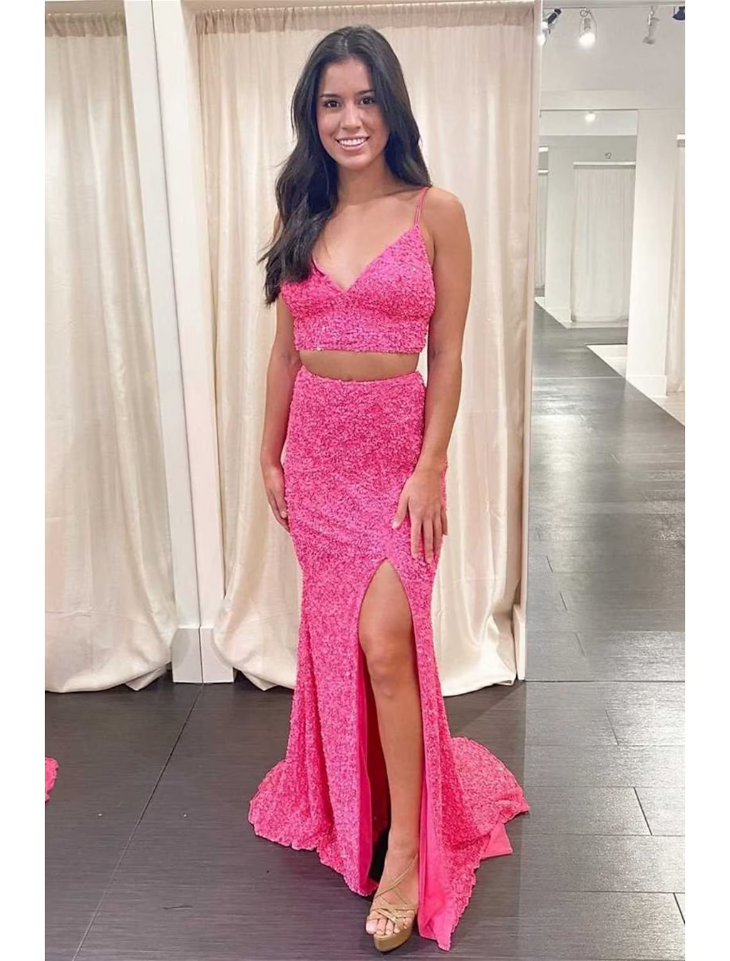 Sparkle Shine Dress Party Wear Sleeveless Strap Backless with Slit