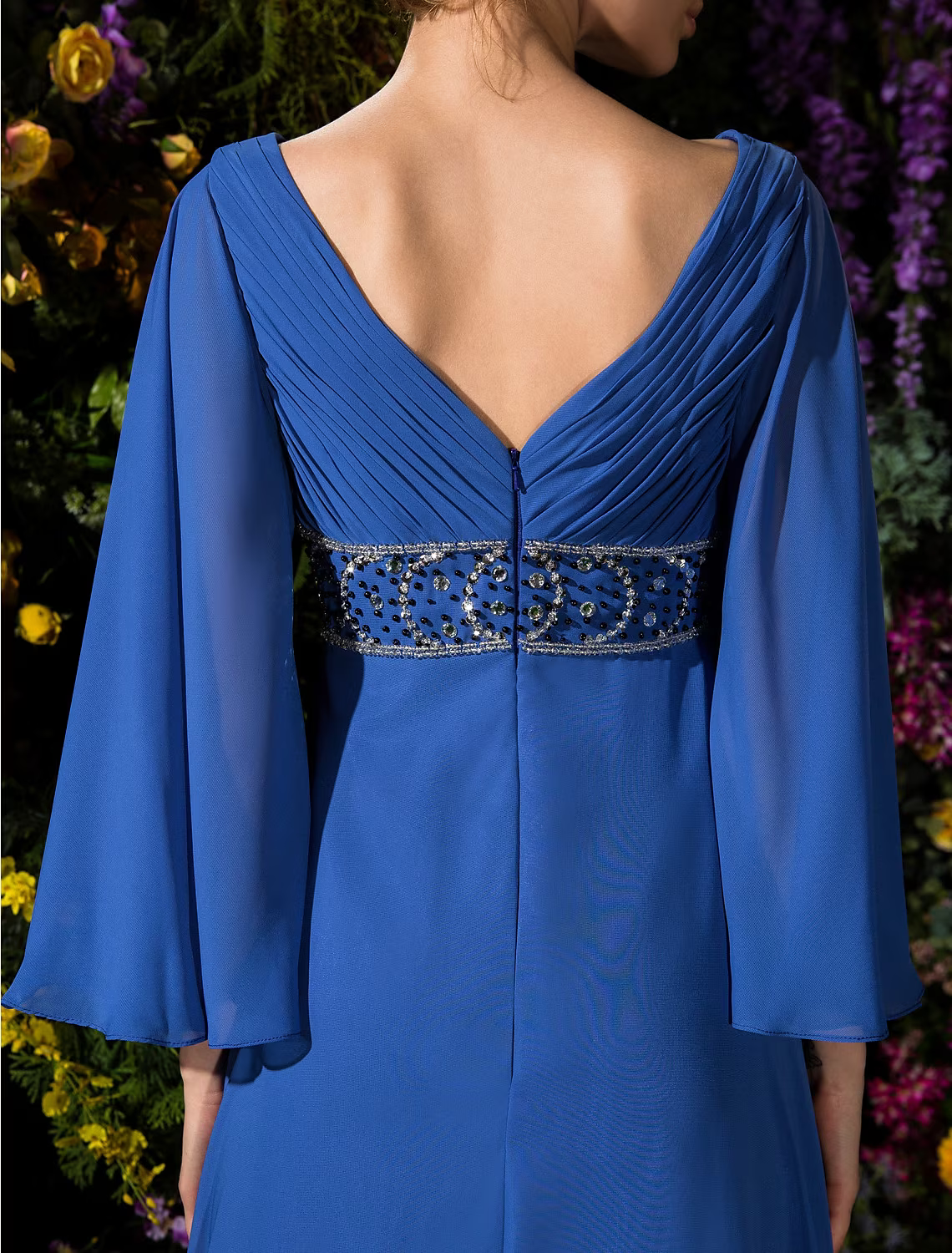 Mother of the Bride Dress Vintage Inspired V Neck Floor Length Long Sleeve with Crystals Beading Side Draping