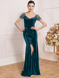Mother of the Bride Dress Formal Vintage Elegant V Neck Short Sleeve with Ruffles Split Front
