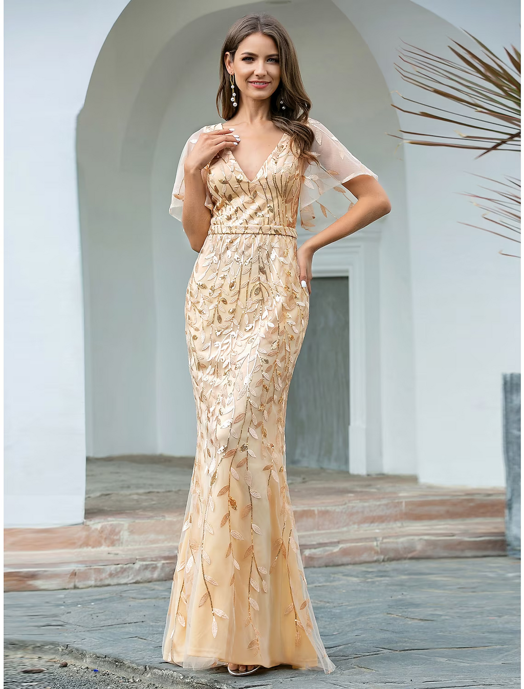 Evening Gown Sparkle Dress Wedding Guest Floor Length Short Sleeve V Neck