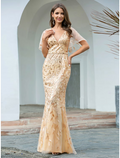 Evening Gown Sparkle Dress Wedding Guest Floor Length Short Sleeve V Neck