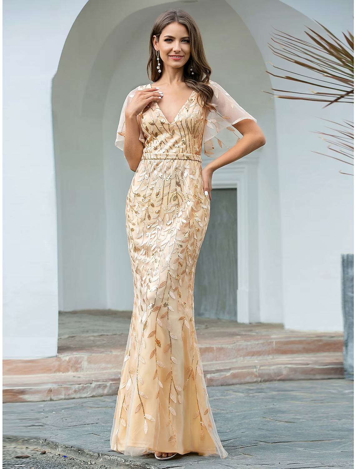 Evening Gown Sparkle Dress Wedding Guest Floor Length Short Sleeve V Neck