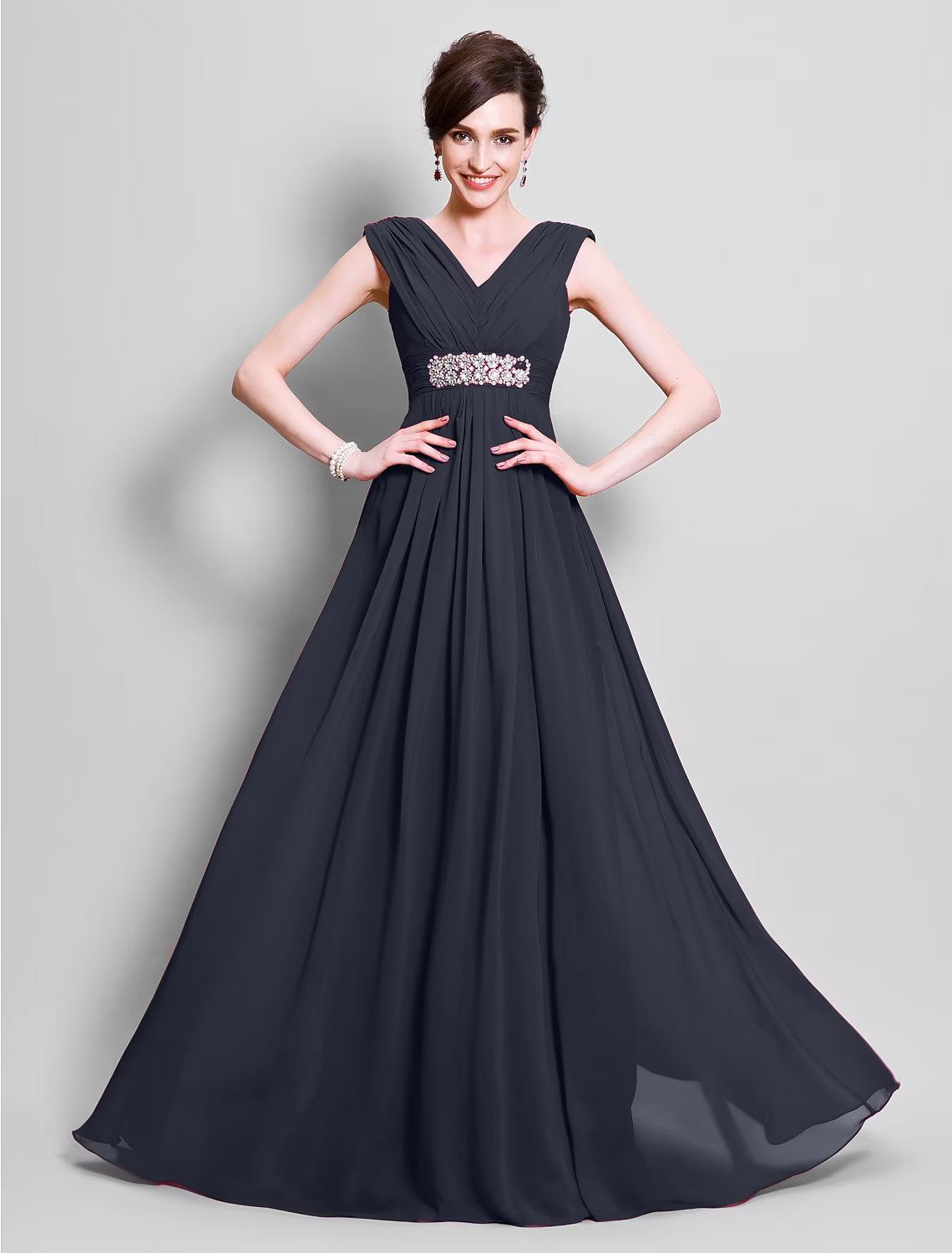 Mother of the Bride Dress Open Back V Neck Floor Length Sleeveless with Beading Side Draping
