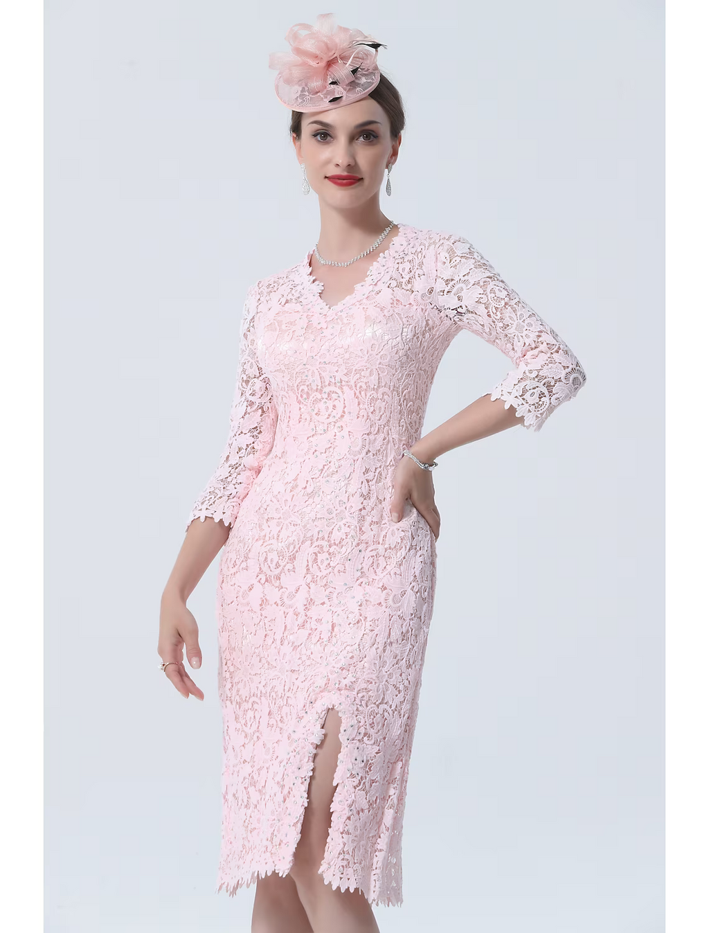 Mother of the Bride Dress Plus Size V Neck Knee Length Sleeve with Split Front