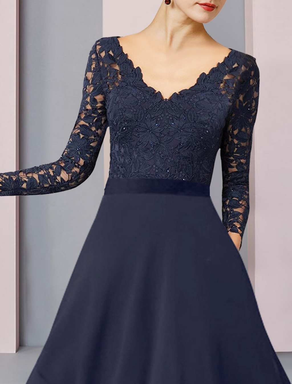 Mother of the Bride Dress Wedding Guest Vintage Elegant V Neck Asymmetrical Long Sleeve with Pleats