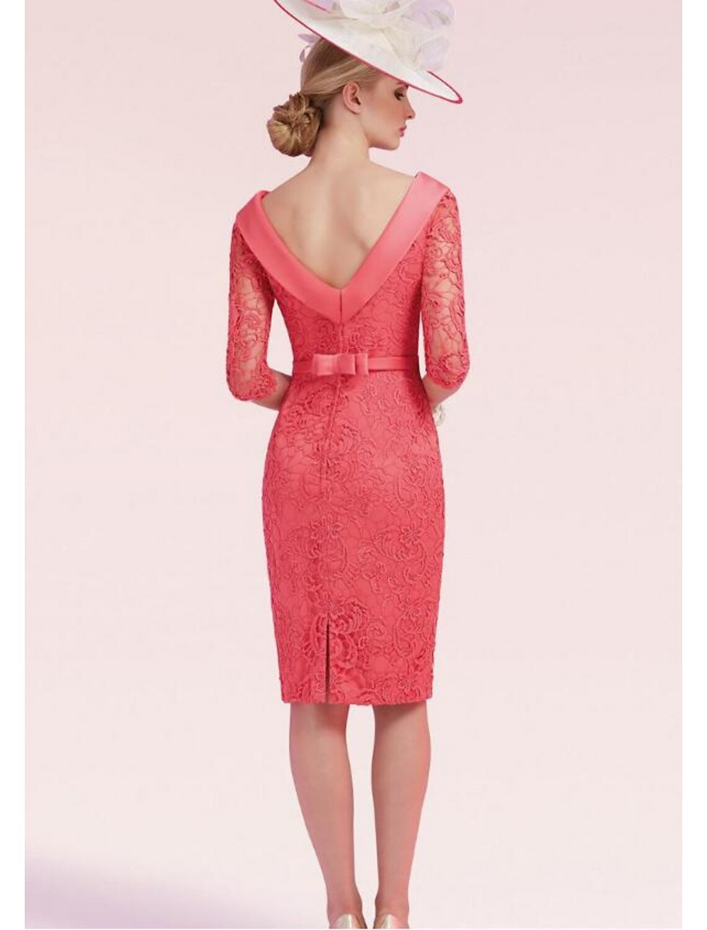 Mother of the Bride Dress Plus Size Neck Knee Length Half Sleeve with Bow(s) Split Front