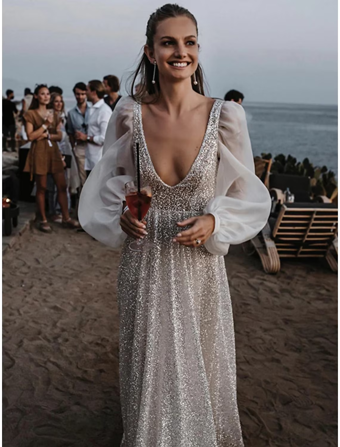 Beach Open Back Boho Wedding Dresses Long Sleeve V Neck With Pleats