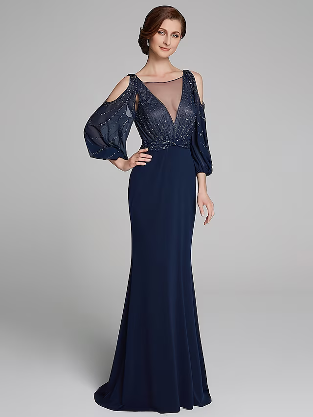 Mother of the Bride Dress Sparkle Shine Boat Neck Floor Length Long Sleeve No with Beading Ruching