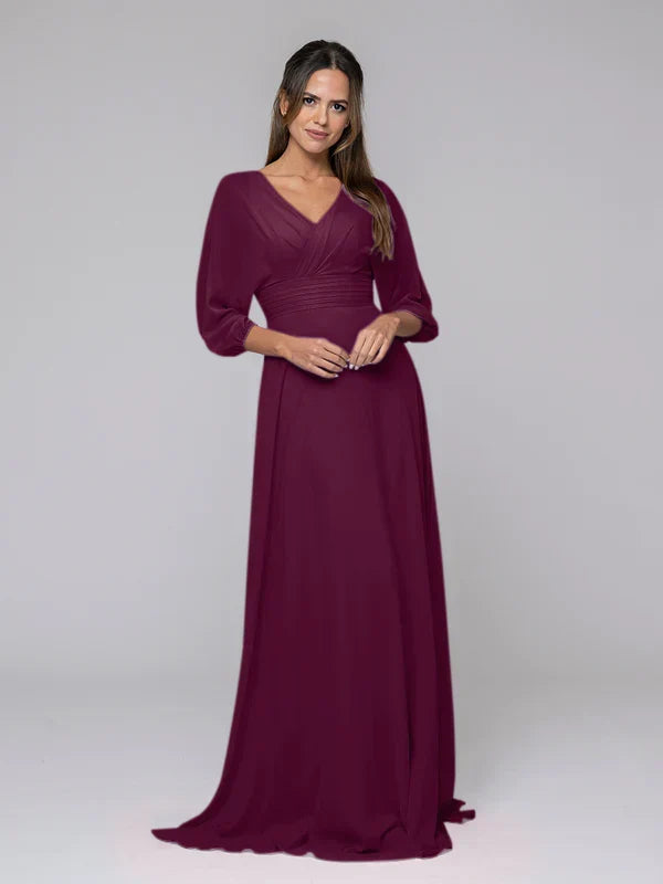 3/4 Lantern Sleeve V Neck A Line Bridesmaid Dresses