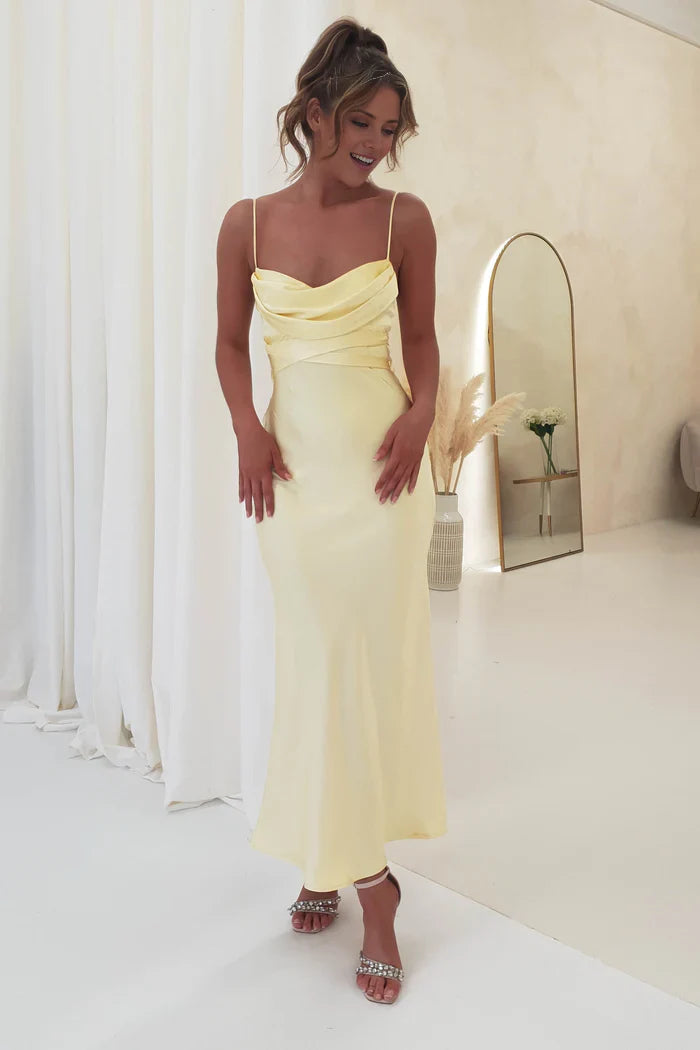 Soft Yellow Cowl Neck Sleeveless Tie-Back Midi Prom Dress