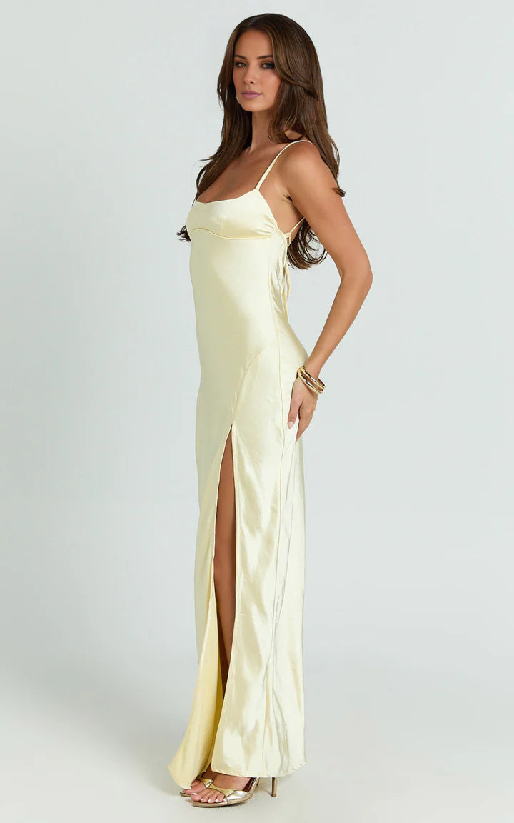 Pale Yellow Square-Neck Lace-Up Back High-Slit Prom Dress