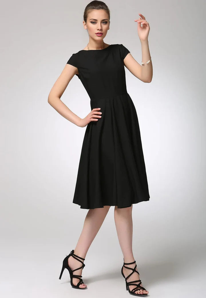 Classic A-Line Midi Boat Neck Cap Sleeve Zipper Back Party Dress