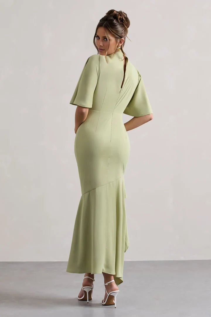 Sage Green High-Neck Cape-Sleeve Asymmetrical Ruffle-Hem Evening Dress