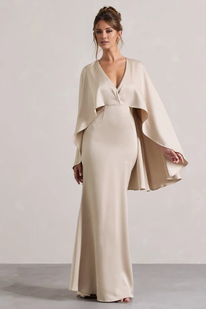 Champagne V-Neck Cape-Sleeve Mermaid Floor-Length Evening Dress