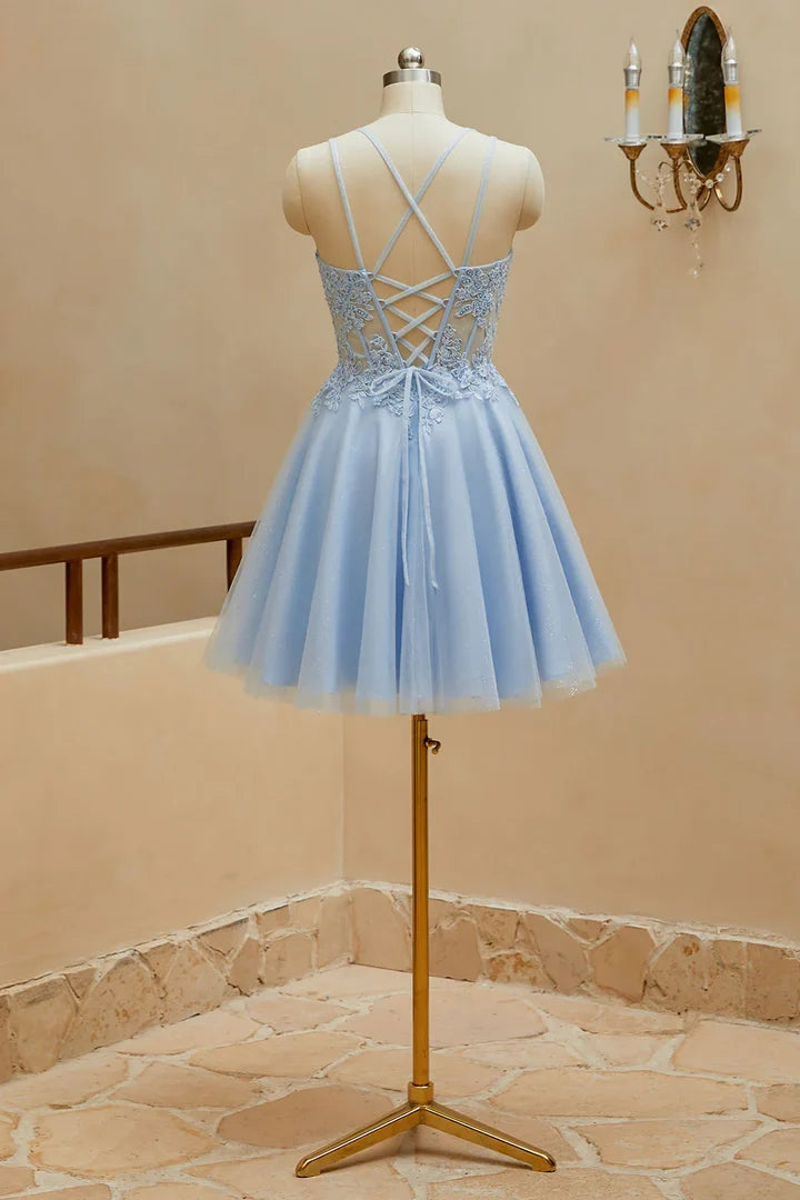 A-Line Square Neck Spaghetti Strap Lace Up Back Mini Homecoming Dresses