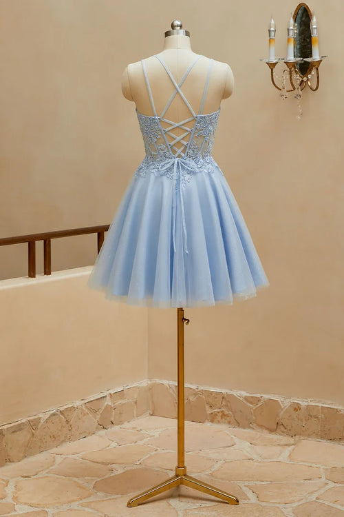 A-Line Square Neck Spaghetti Strap Lace Up Back Mini Homecoming Dresses
