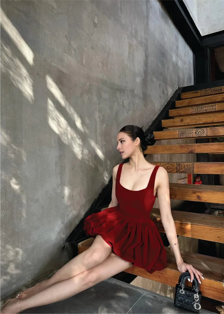 Flared Bubble Mini Square Neck Sleeveless Low Back Party Dress