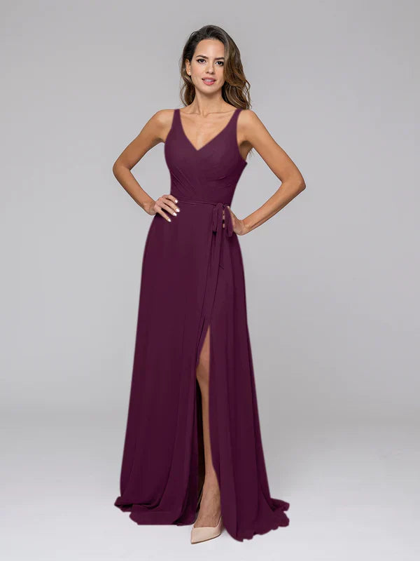 Straps Long Bridesmaid Dresses With Side Slit