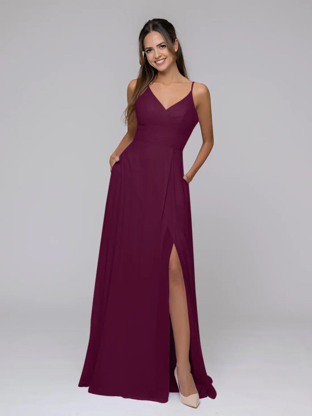 V Neck Spaghetti Strap Bridesmaid Dresses With Slit
