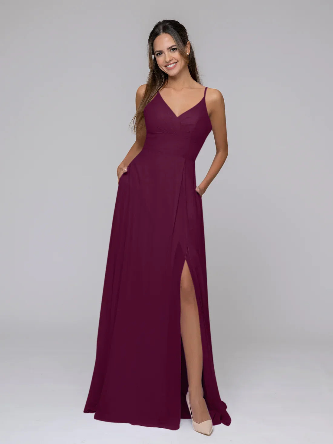 V Neck Spaghetti Strap Bridesmaid Dresses With Slit