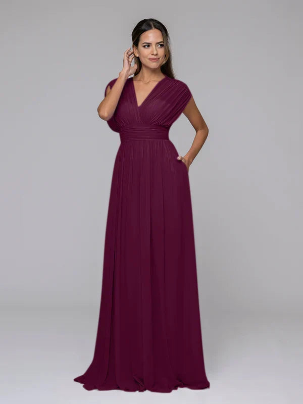 V Neck Cap Sleeve Floor Length Bridesmaid Dresses