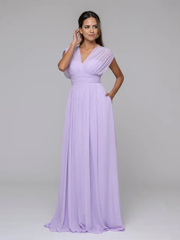 V Neck Cap Sleeve Floor Length Bridesmaid Dresses
