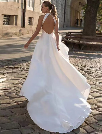 Elegant Red A-Line Classic-Neck Sleeveless Open-Back Floor-Length Wedding Dress