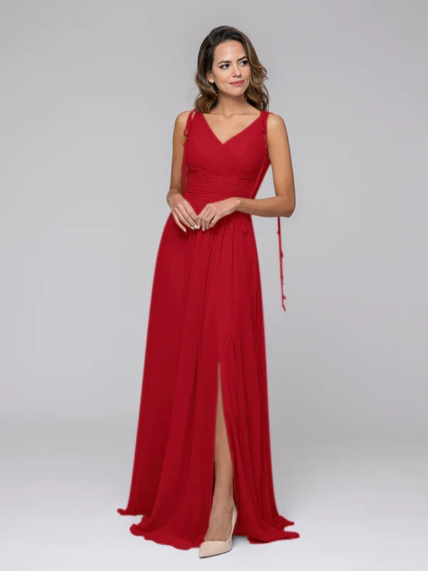 Tassel Straps V Neck Bridesmaid Dresses With Slit Skirt