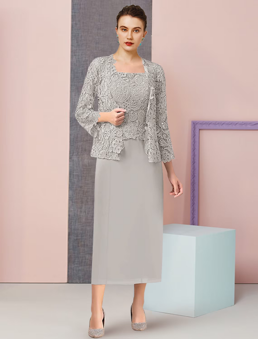 Two Piece Mother of the Bride Dress Formal Wedding Guest Elegant Square Neck Ankle Length Sleeveless Wrap Included with Appliques