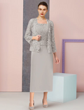Two Piece Mother of the Bride Dress Formal Wedding Guest Elegant Square Neck Ankle Length Sleeveless Wrap Included with Appliques