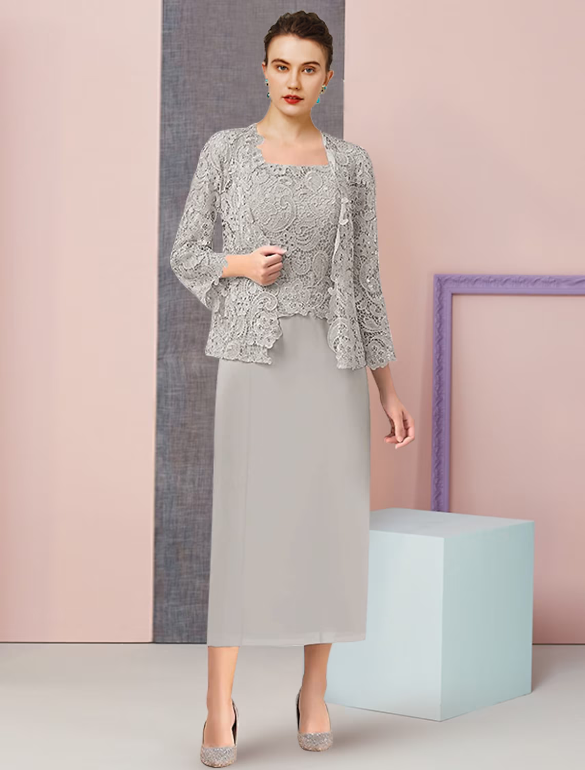 Two Piece Mother of the Bride Dress Formal Wedding Guest Elegant Square Neck Ankle Length Sleeveless Wrap Included with Appliques