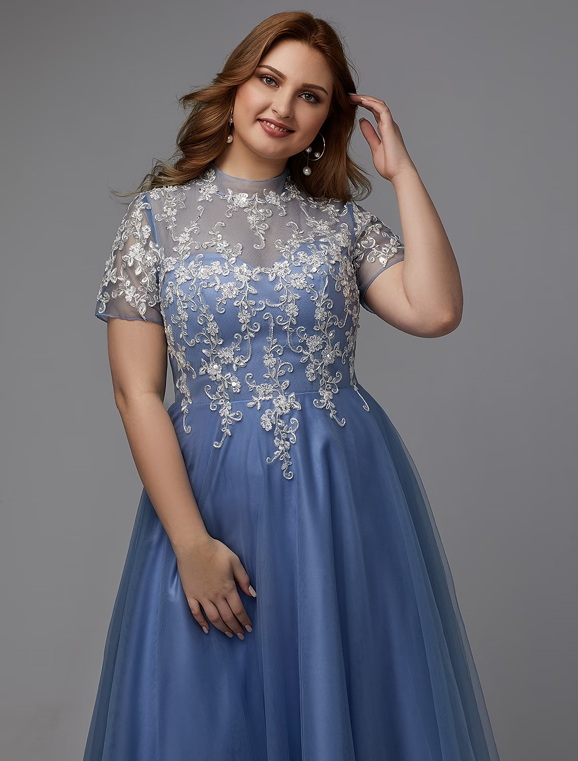 Plus Size Dress Wedding Guest Floor Length Short Sleeve High Neck Lace-up with Appliques