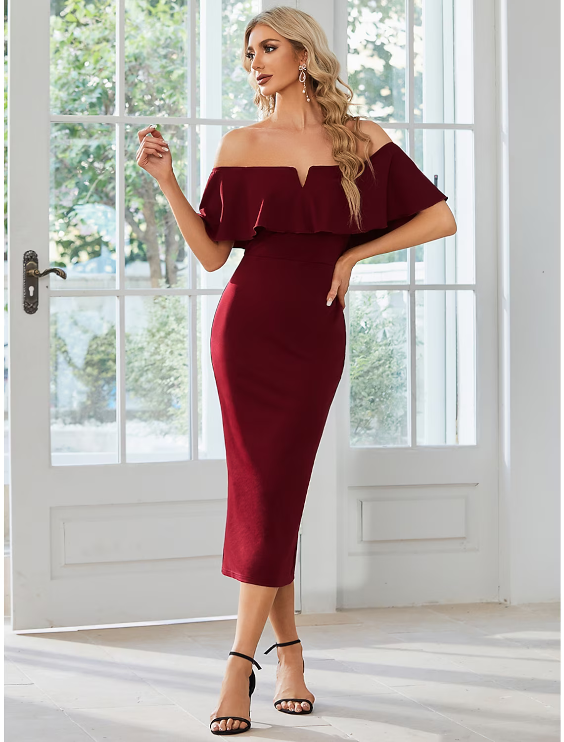 Wedding Guest Dresses Dress Party Wear Tea Length Short Sleeve Off Shoulder Fabric with Slit