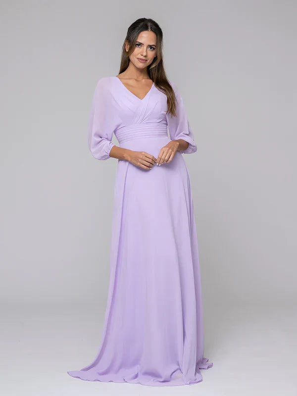 3/4 Lantern Sleeve V Neck A Line Bridesmaid Dresses