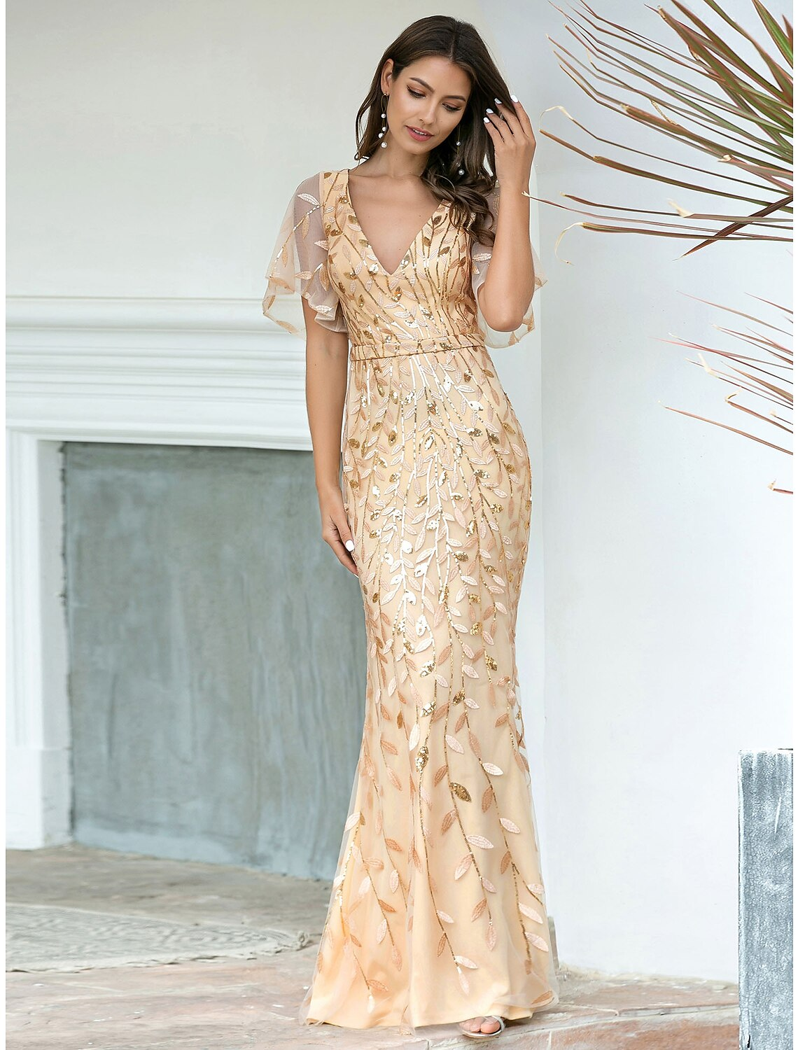 Evening Gown Sparkle Dress Wedding Guest Floor Length Short Sleeve V Neck
