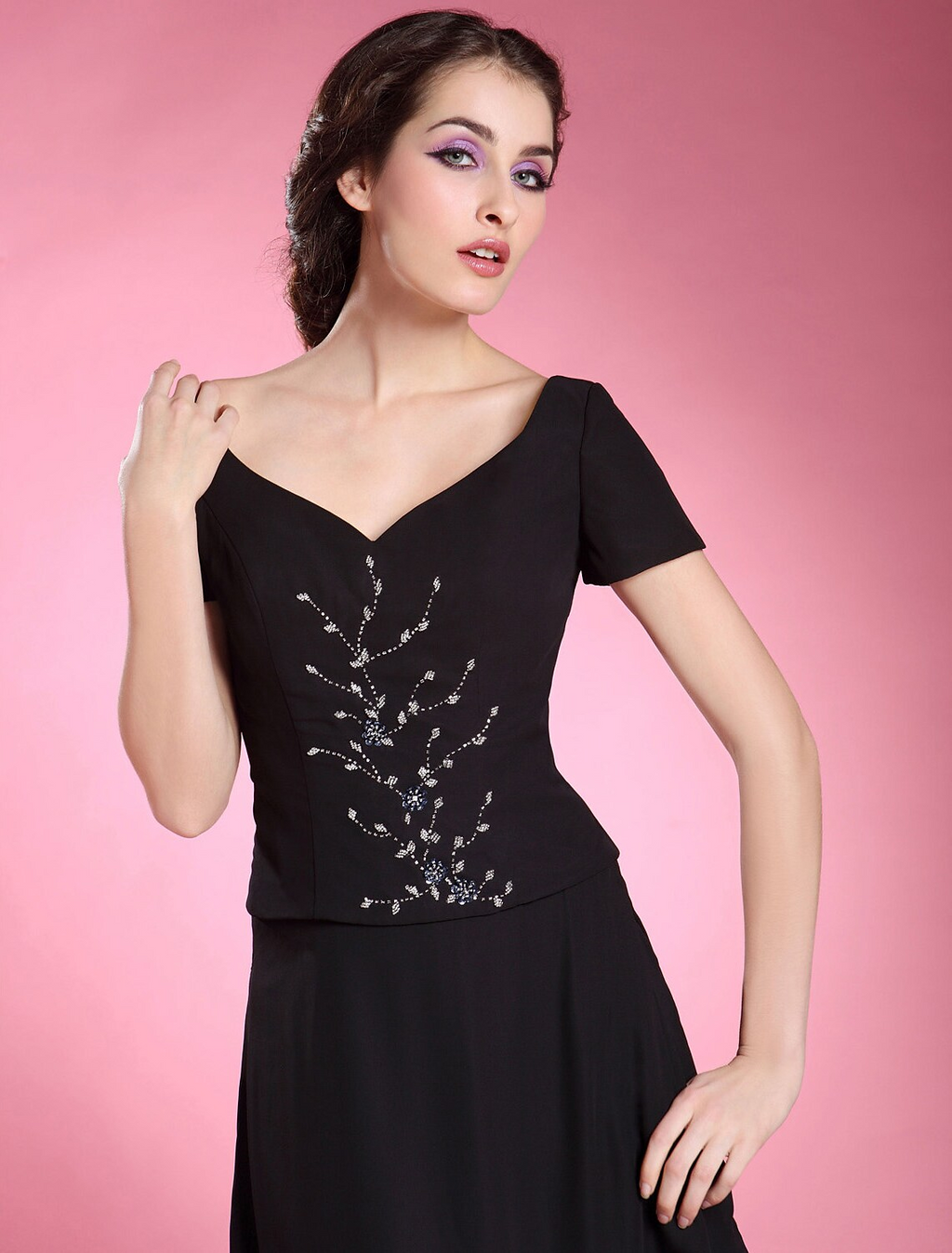 Formal Evening Floor Length Short Sleeve V Neck with Beading Ruffles